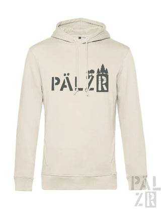 Cremeweiße Kapuzenjacke mit schwarzem Text und Design, das die Marke „pälzr“ in einer fetten Schrift zeigt.