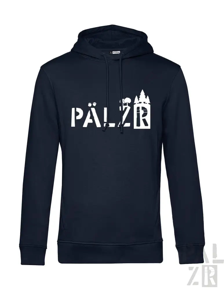 Marineblaue Kapuzenjacke mit weißem ’pälzr’-Text und -Design, mit einer Silhouette einer Burg.