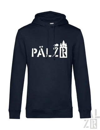 Marineblaue Kapuzenjacke mit weißem ’pälzr’-Text und -Design, mit einer Silhouette einer Burg.