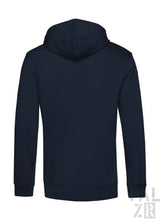 Marineblaue Kapuzenjacke mit Kordelkapuze und langen Ärmeln, aus weichem Baumwollstoff.