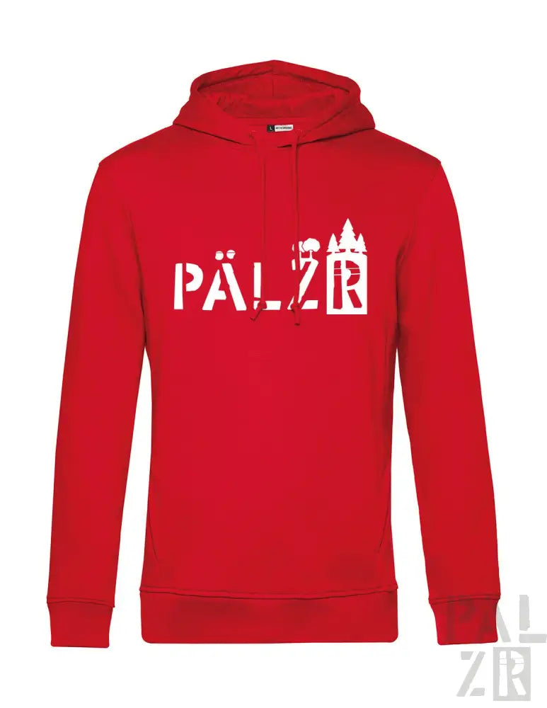 Roter Hoodie mit ’pälzr’-Design und Schloss-Silhouette, aus Baumwolle gefertigt.