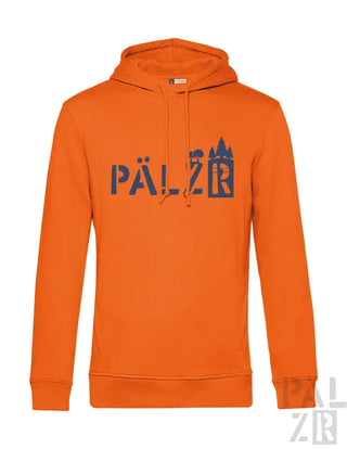 Orangefarbene Kapuzenjacke mit ’pälzr’-Design und Burmsilhouette, aus Baumwolle.