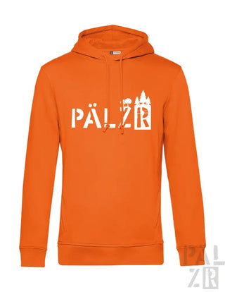 Orange Kapuzenpulli mit ’pälzr’ Text und Burgen-Grafikdesign.