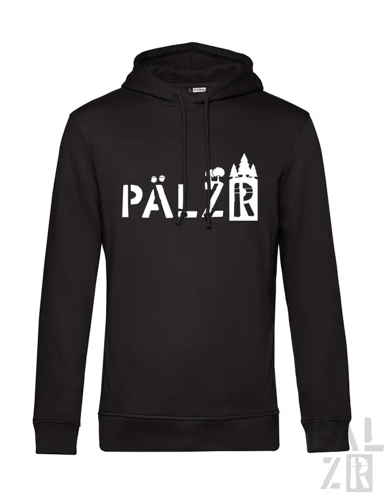 Schwarzes Hoodie mit weißem „pälzr“-Text und -Design, das eine Schloss-Silhouette zeigt.
