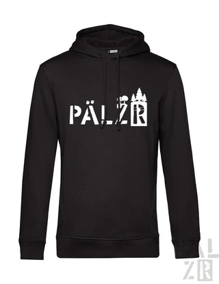 Schwarzes Hoodie mit weißem „pälzr“-Text und -Design, das eine Schloss-Silhouette zeigt.