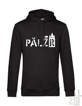 Schwarzes Hoodie mit weißem „pälzr“-Text und -Design, das eine Schloss-Silhouette zeigt.
