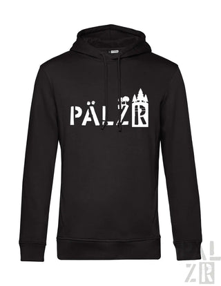 Schwarzes Hoodie mit weißem „pälzr“-Text und -Design, das eine Schloss-Silhouette zeigt.