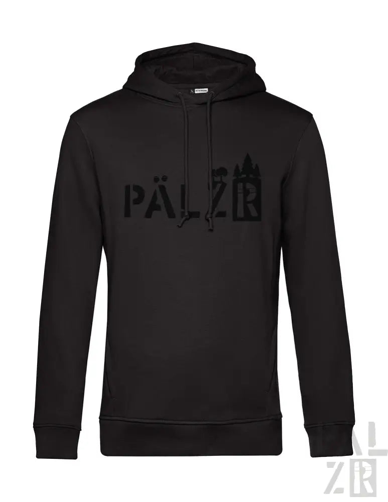 Schwarze Kapuzenjacke mit ’pälzr’-Logo-Design, aus einer Baumwolle- und Polyester-Mischung.
