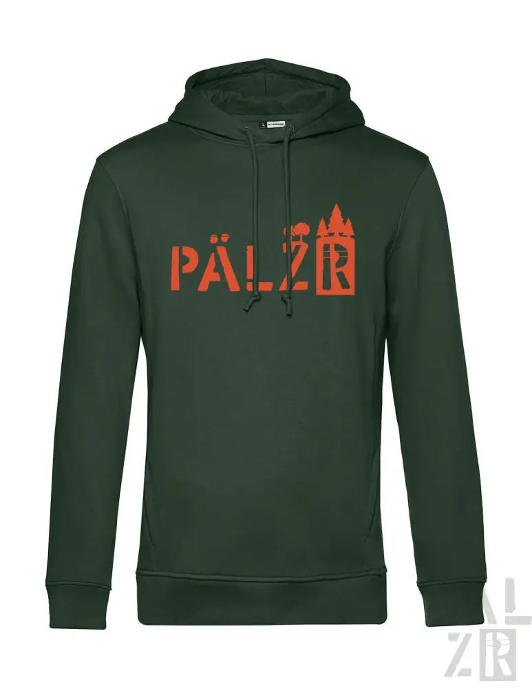 Dunkelgrüner Hoodie mit ‚pälzr‘-Text und Burgen-Silhouetten-Design, aus Baumwolle gefertigt.