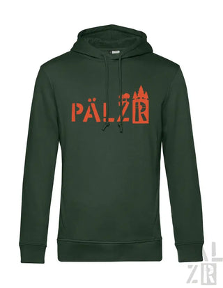 Dunkelgrüner Hoodie mit ‚pälzr‘-Text und Burgen-Silhouetten-Design, aus Baumwolle gefertigt.
