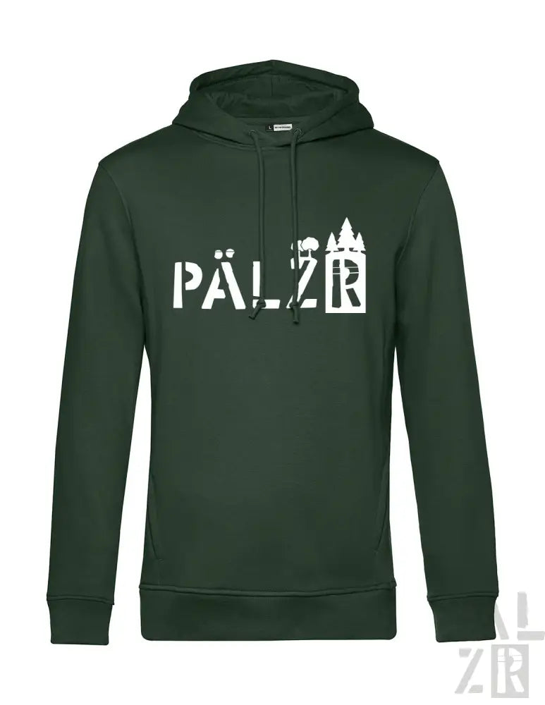 Dunkelgrüner Hoodie mit weißem Text und Design, das ’pälzr’ in einer stilisierten Schrift zeigt.