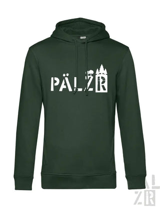 Dunkelgrüner Hoodie mit weißem Text und Design, das ’pälzr’ in einer stilisierten Schrift zeigt.