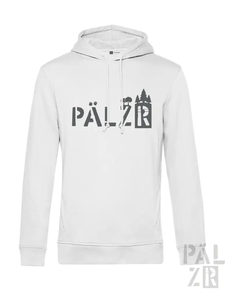 Weißes Hoodie mit schwarzem ’pälzr’-Logo und Burgruinen-Silhouettendesign.