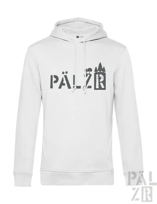 Weißes Hoodie mit schwarzem ’pälzr’-Logo und Burgruinen-Silhouettendesign.