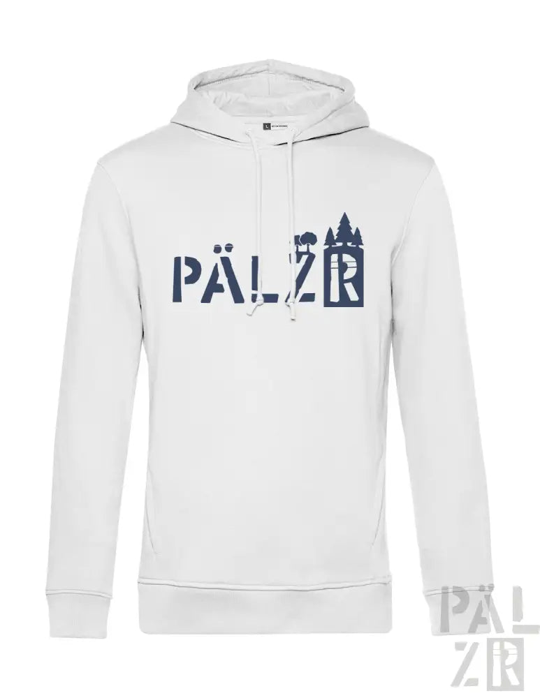 Weiße Hoodie mit ‚pälzr‘-Logo und Burgen-Design auf der Vorderseite.