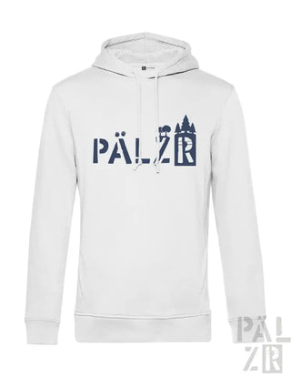 Weiße Hoodie mit ‚pälzr‘-Logo und Burgen-Design auf der Vorderseite.