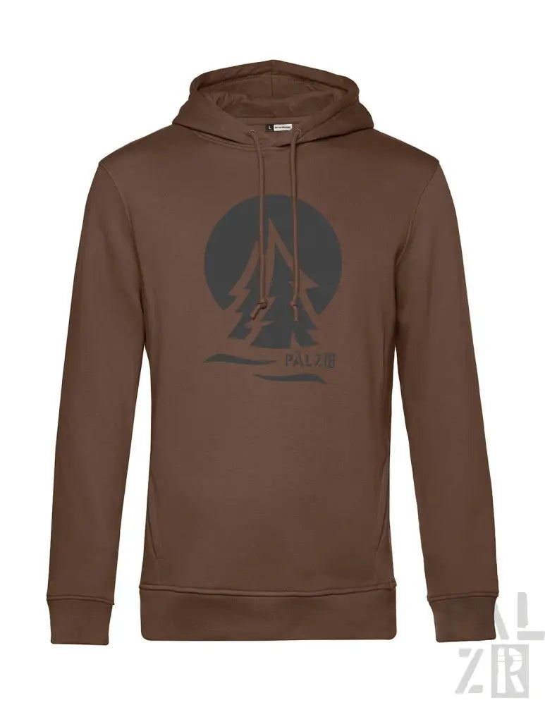 Braune Kapuzenjacke mit Baum- und Segelboot-Design, zr-Logo am Ärmel.