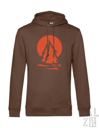 Braune Kapuzenjacke mit Orangenbaum-Design und Kordelzügen, wahrscheinlich aus Baumwolle oder Polyester-Mischung gefertigt.