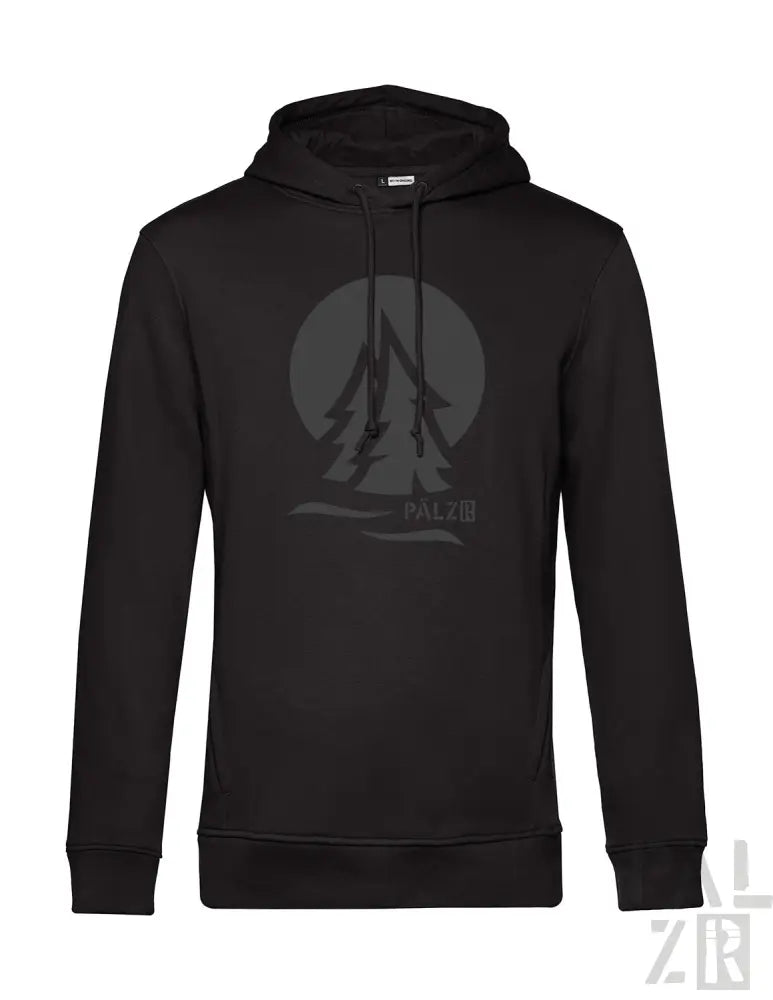 Schwarzer Hoodie mit Baum-Design und Kordelzug-Kapuze, aus Baumwollmaterial gefertigt.
