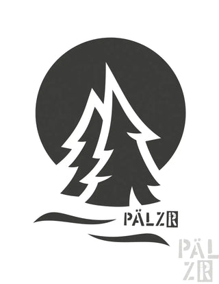 Schwarzes rundes Logo mit weißen Kiefern und Text „pälzr“