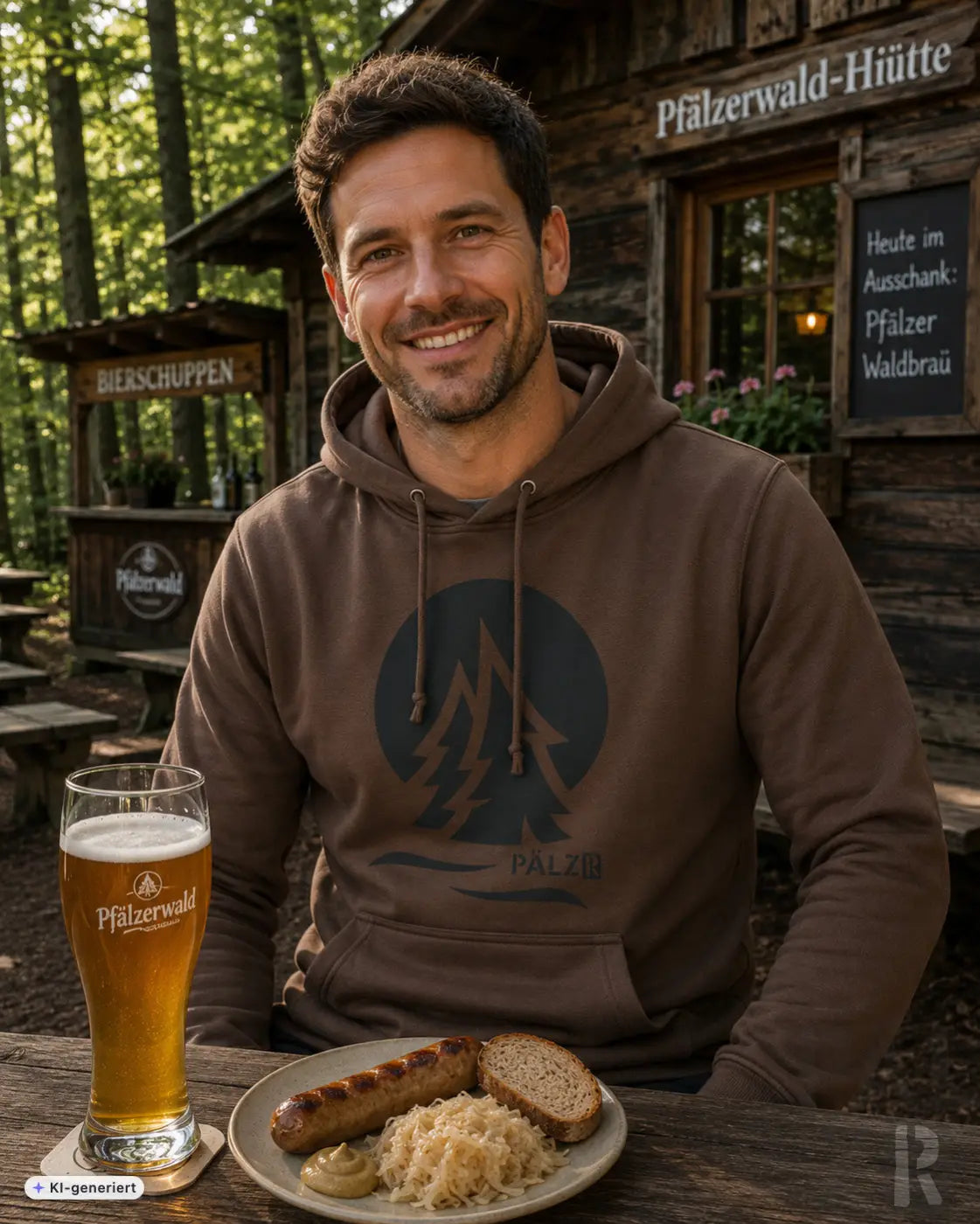 Brauner männer hoodie mit dunkelblauem kreisförmigem waldgrafik und palzb schriftzug vorne