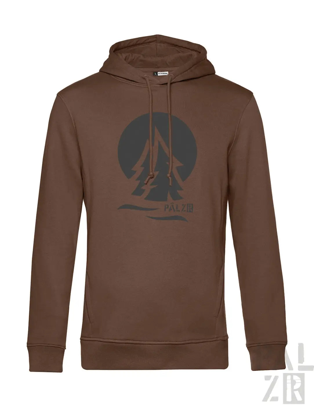 Männer hoodie palzrwald zwei in braun mit dunkelgrauem kreisgrafik und stilisierten bäumen palzin print