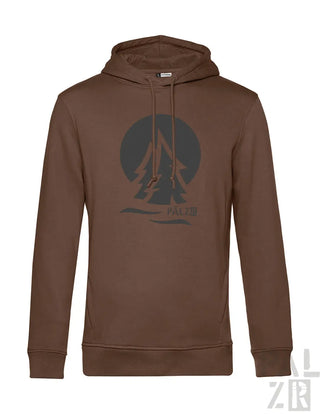 Männer hoodie palzrwald zwei in braun mit dunkelgrauem kreisgrafik und stilisierten bäumen palzin print