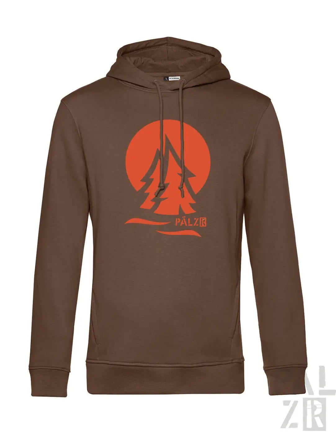 Brauner männer hoodie palzio mit grafik zweier kiefern vor orangefarbenem sonnenmotiv aus der pälzrwald kollektion