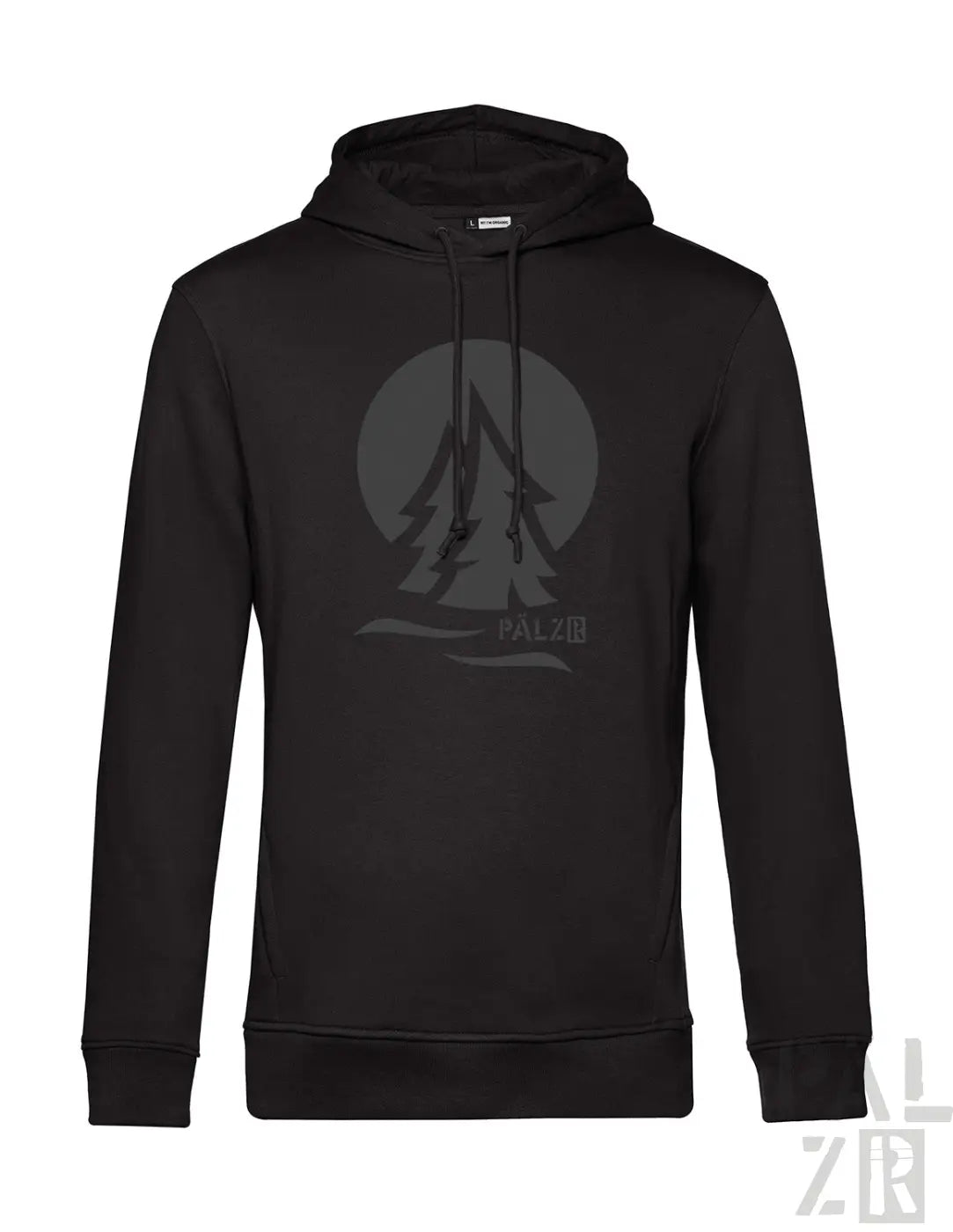 Schwarzer männer hoodie pälzrwald zwei mit grauem kiefern grafikprint und palz schriftzug darunter in verschiedenen farben