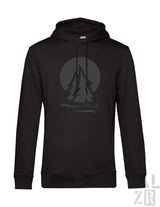 Schwarzer männer hoodie pälzrwald zwei mit grauem kiefern grafikprint und palz schriftzug darunter in verschiedenen farben