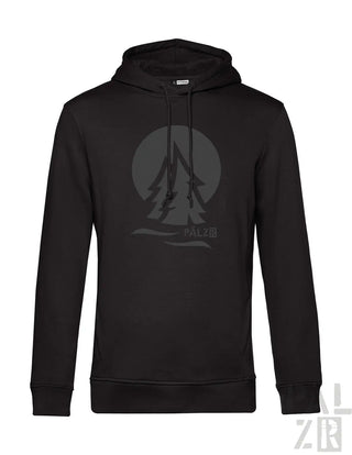 Schwarzer männer hoodie pälzrwald zwei mit grauem kiefern grafikprint und palz schriftzug darunter in verschiedenen farben
