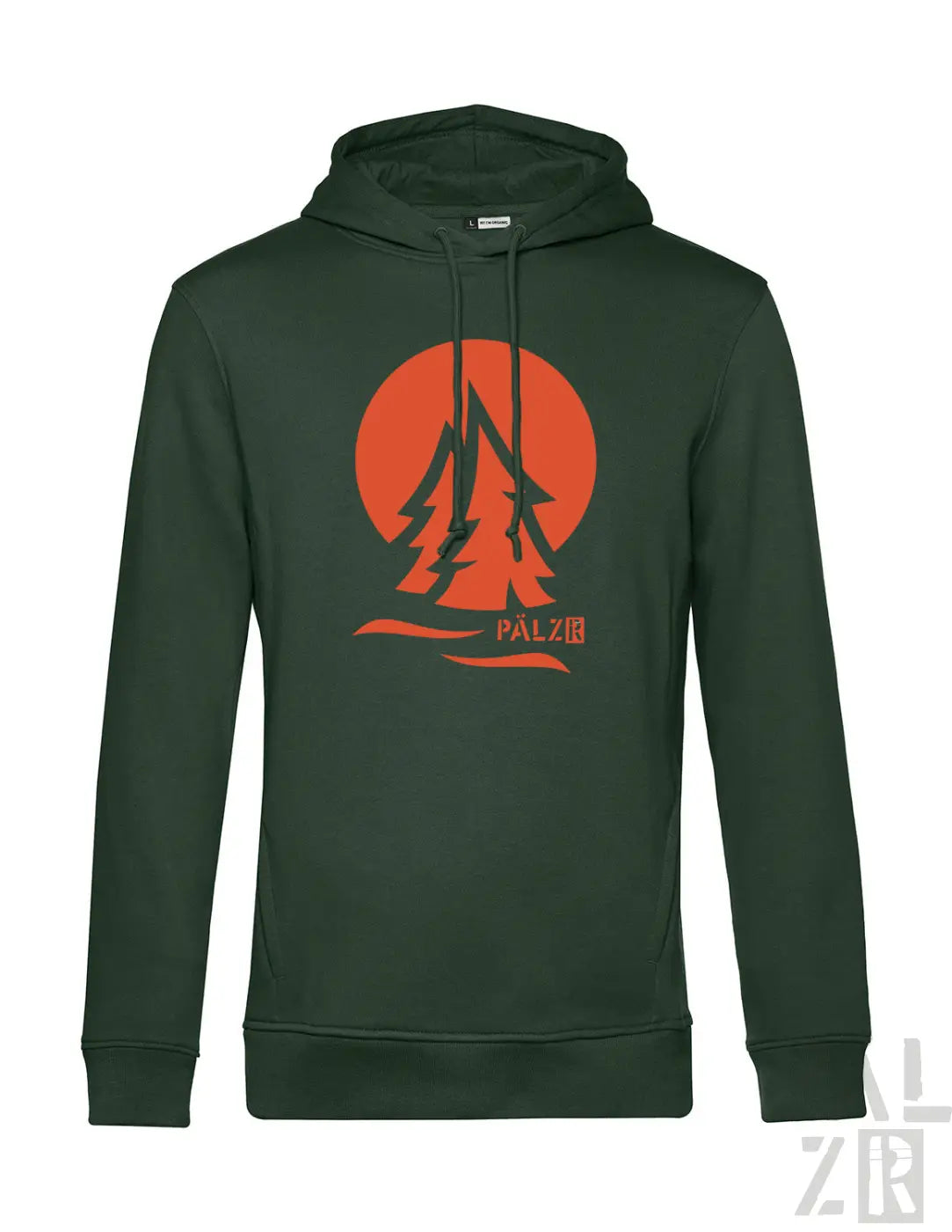 Darkgrüner männer hoodie mit orangefarbenem rundem pälzib logo und stilisierten kiefernmotiven vorne