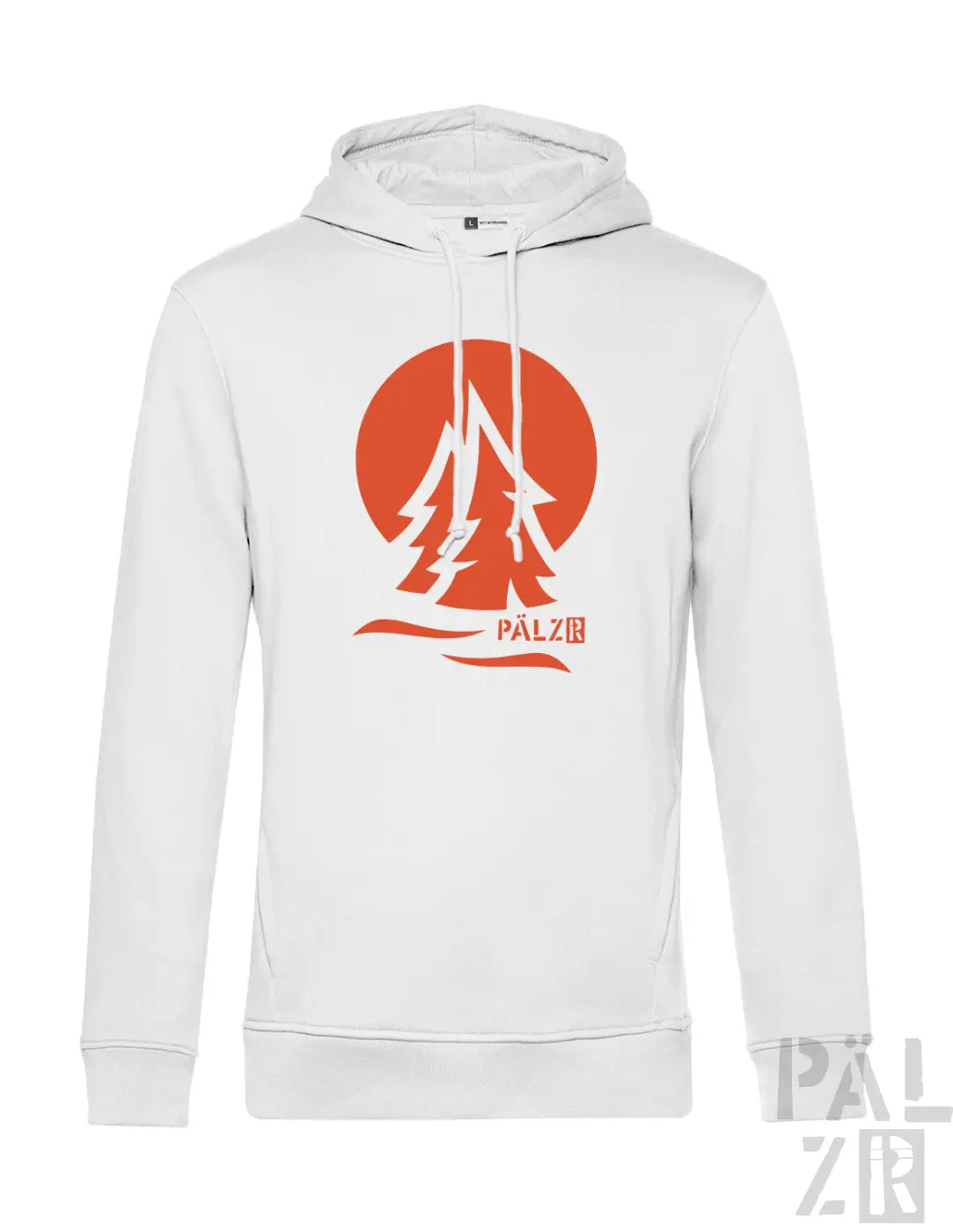 Weißer männer hoodie mit boldem orangefarbenem kreis mit stilisierten kiefern und pälzö text darunter