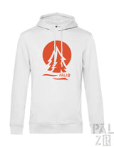 Weißer männer hoodie mit boldem orangefarbenem kreis mit stilisierten kiefern und pälzö text darunter