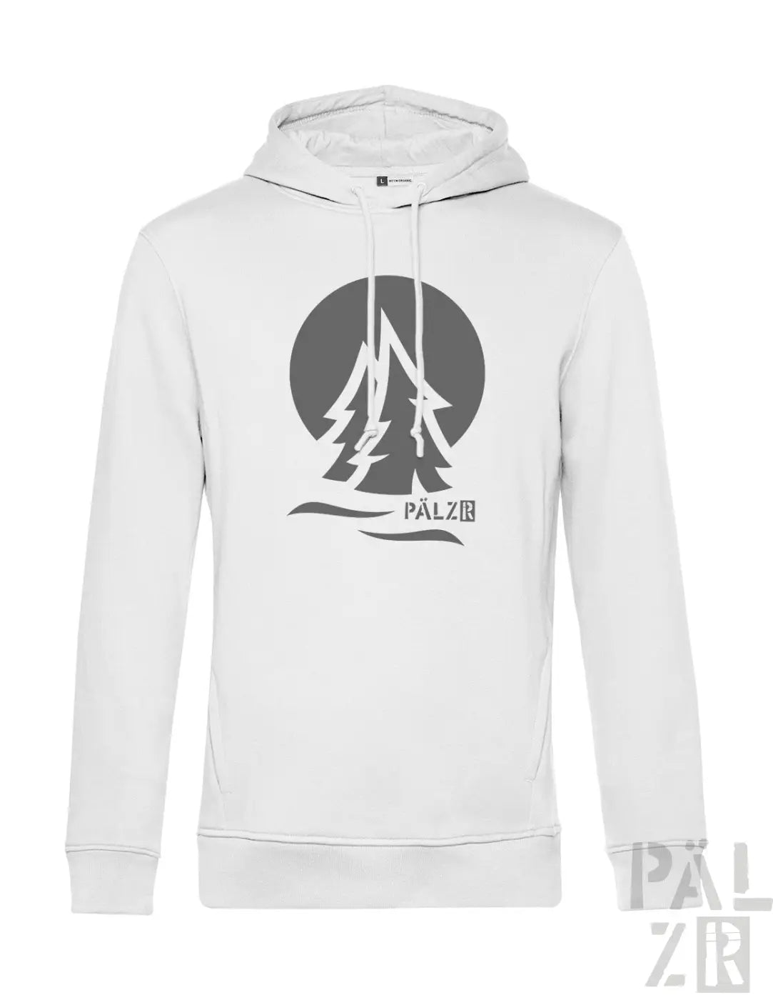 Weißes herren hoodie mit grauem kreisgrafik und stilisierten kiefern sowie schriftzug pälz vorne