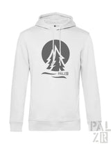 Weißes herren hoodie mit grauem kreisgrafik und stilisierten kiefern sowie schriftzug pälz vorne