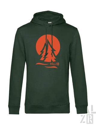 Grüner Hoodie mit Orangenbaum-Design und Markenlogo.