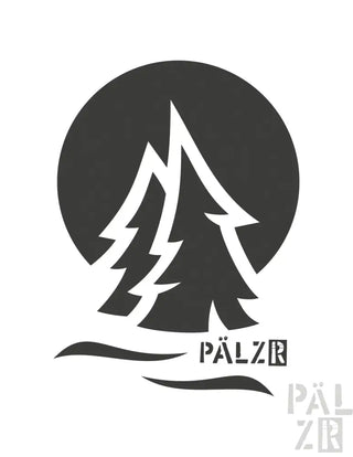 Schwarzes kreisförmiges Logo mit weißen Kiefern und Text „pälzr“