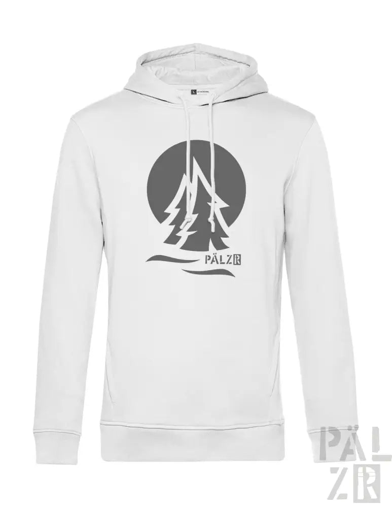 Weißes Hoodie mit schwarzem Baum-Design und Kordelzügen.