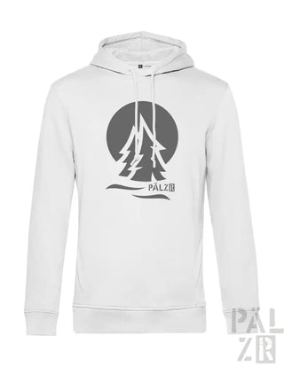 Weißes Hoodie mit schwarzem Baum-Design und Kordelzügen.
