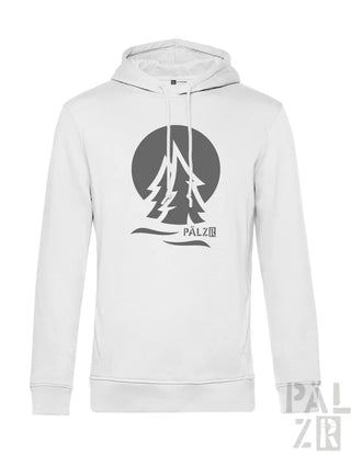 Weißes Hoodie mit schwarzem Baum-Design und Kordelzügen.