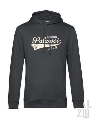 Kohle-graue Kapuzenjacke mit ’palzvoi’-Logo und Weinreben-Design, Material aus Baumwollmischung.