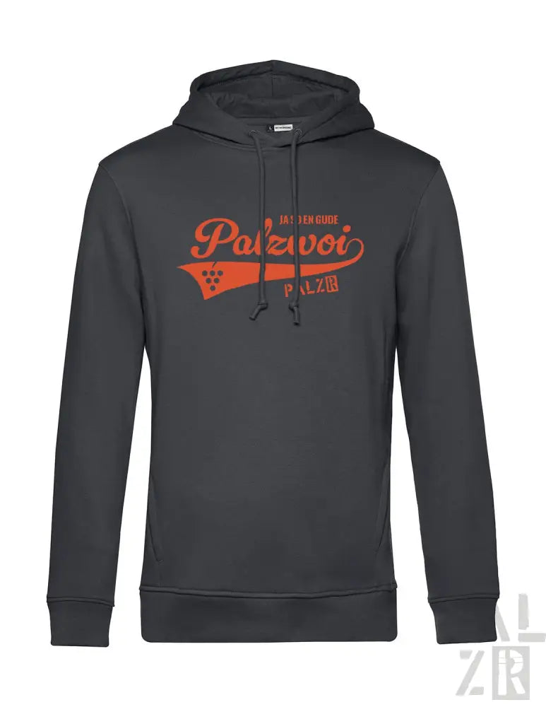 Dunkelgraues Hoodie aus Kohle mit orange-weißer ’palzvoi’- Grafik, Kordelkapuze, lange Ärmel.