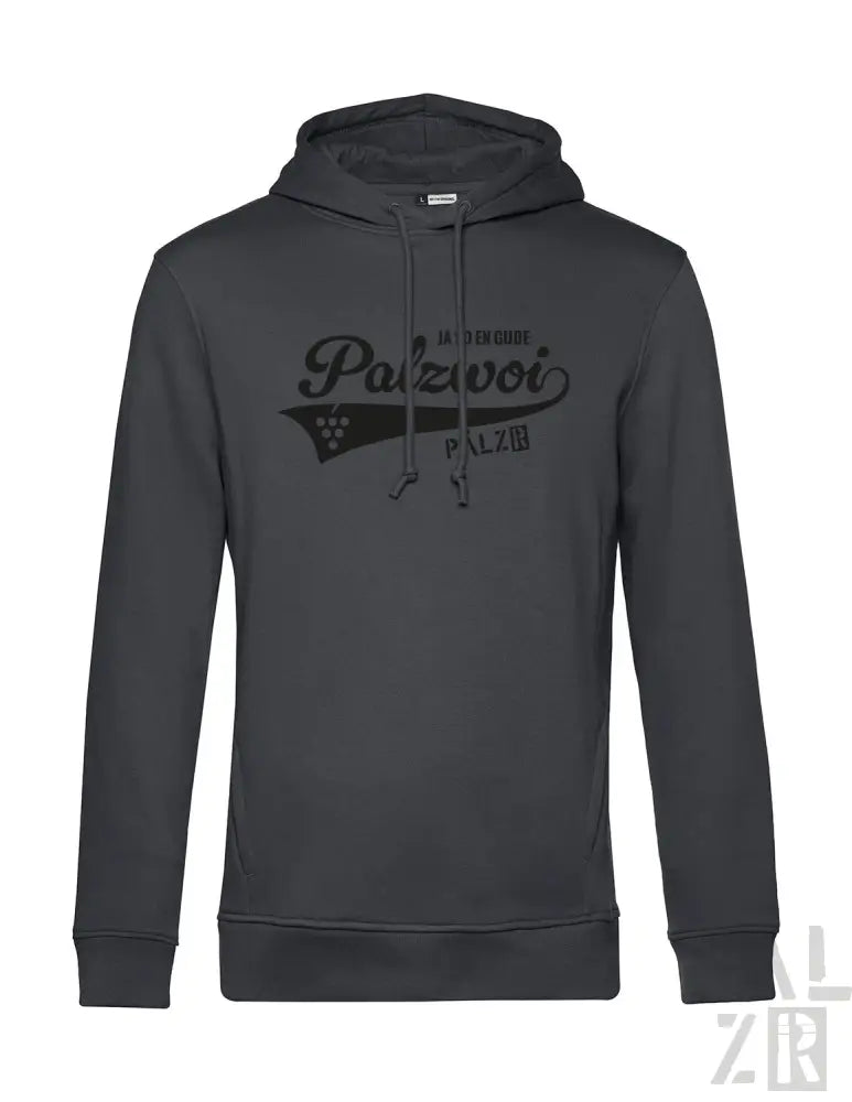 Anthrazitfarbene Hoodie mit Grafikdesign, das „palzvoi“ und eine stilisiierte Gitarre zeigt, aus weicher Baumwollmischung.