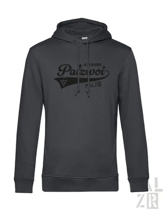 Anthrazitfarbene Hoodie mit Grafikdesign, das „palzvoi“ und eine stilisiierte Gitarre zeigt, aus weicher Baumwollmischung.