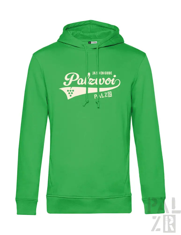 Grüner Hoodie mit ’palzvoi’-Logo und Trauben-Design, Baumwollmaterial.