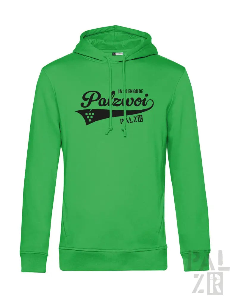 Grüner Hoodie mit schwarzem Grafikdesign, das ’palzvoi’ und anderen Text enthält, wahrscheinlich aus Baumwolle oder Polyester-Mischung.