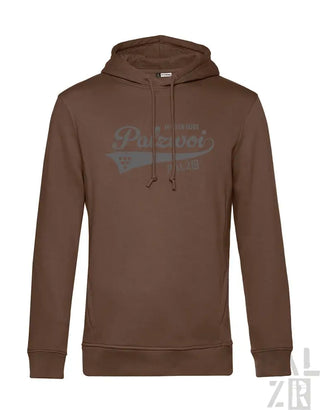 Brauner Hoodie mit ’palaves’-Logo-Design, hergestellt aus einer Baumwolle- und Polyester-Mischung.