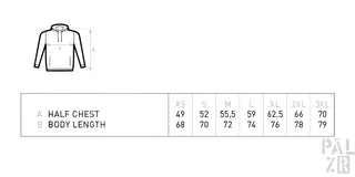 Kapuzenpullover mit Maßtabelle für halbe Brust- und Körperlänge in Schwarz auf weißem Hintergrund.