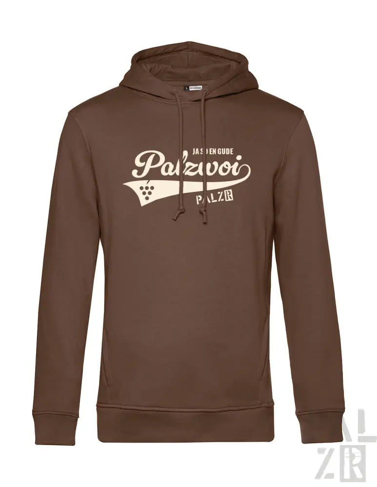 Braune Kapuzenjacke mit ’palzvoi’ Grafikdesign und Kapuze.